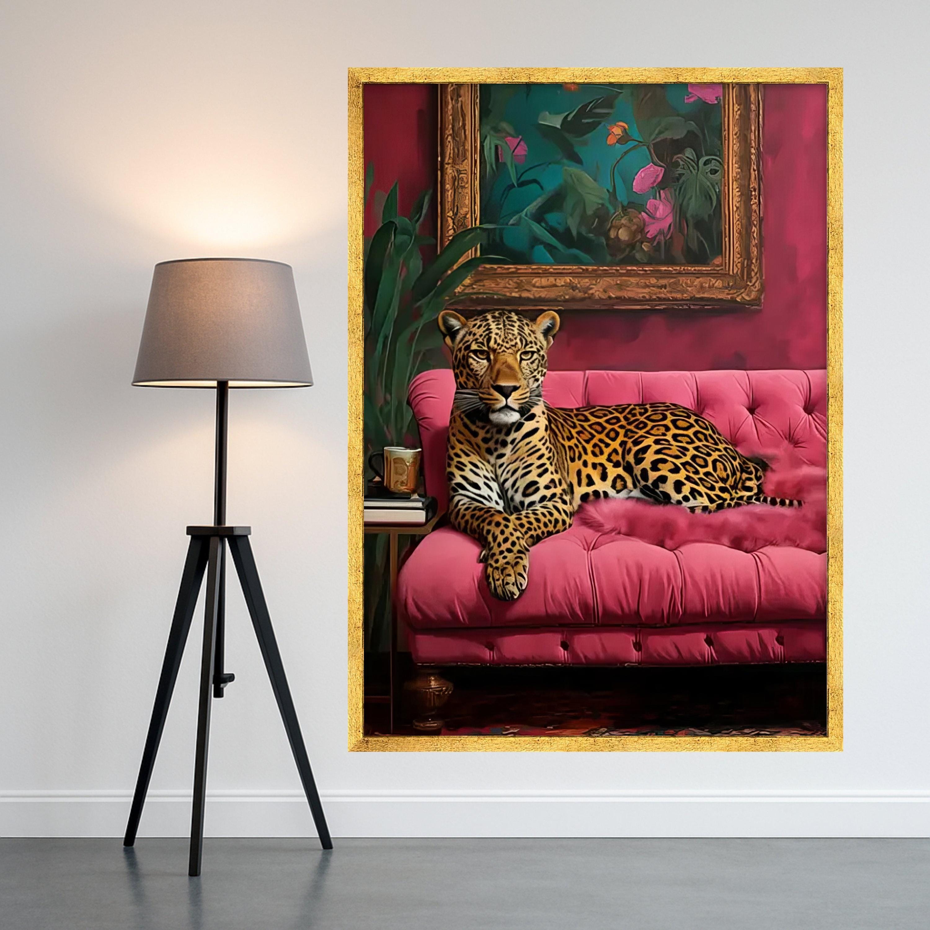 Leopard on Pink Sofa Canvas Print – Bold Jungle Wall Art – Elegant Animal Wall Decor – Ready to Hang Glam Canvas Decoration