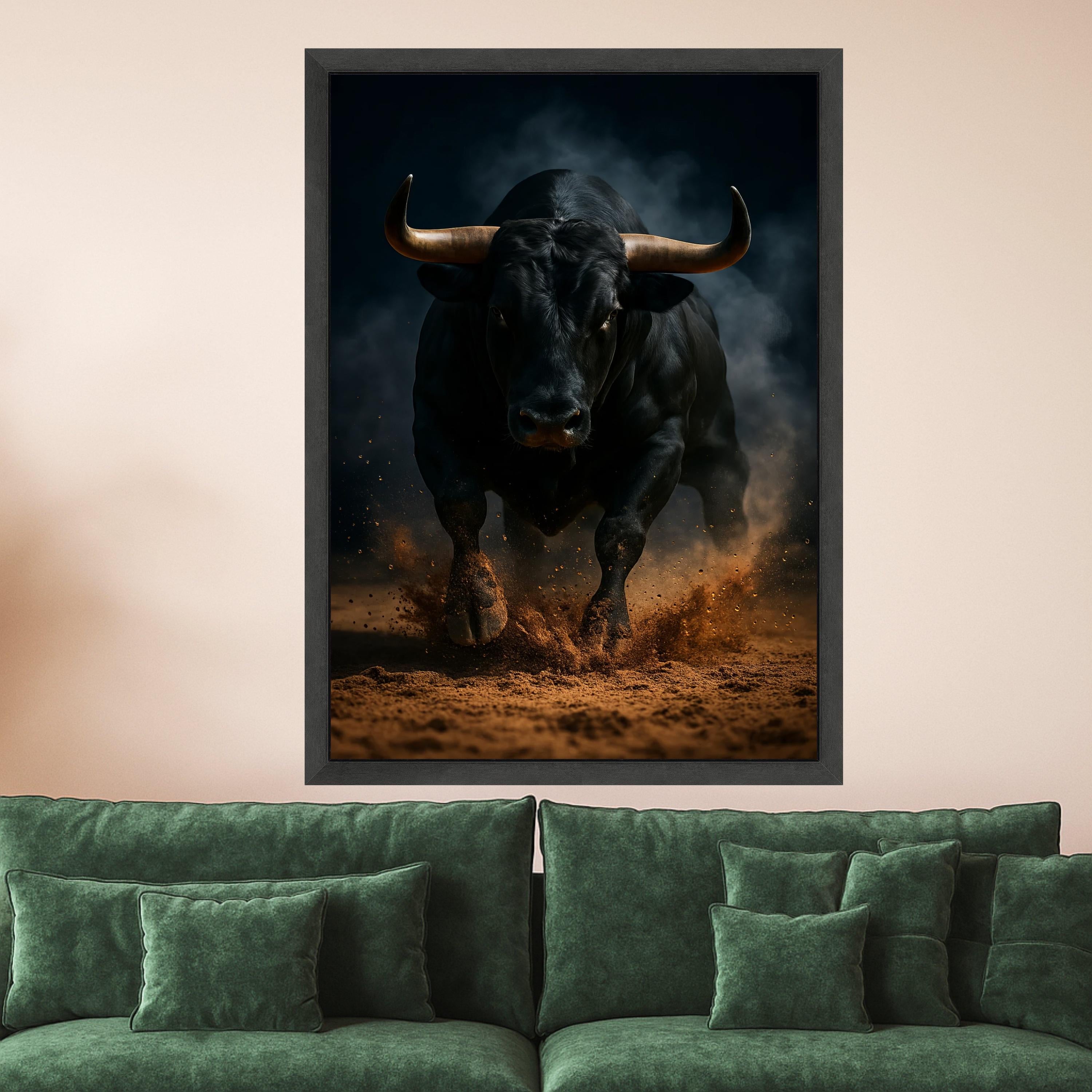 Powerful Charging Bull Canvas Wall Art, Rustic Animal Print, Dramatic Dark Background, Energetic Farm Decor, Ready to Hang Ready To Hang,