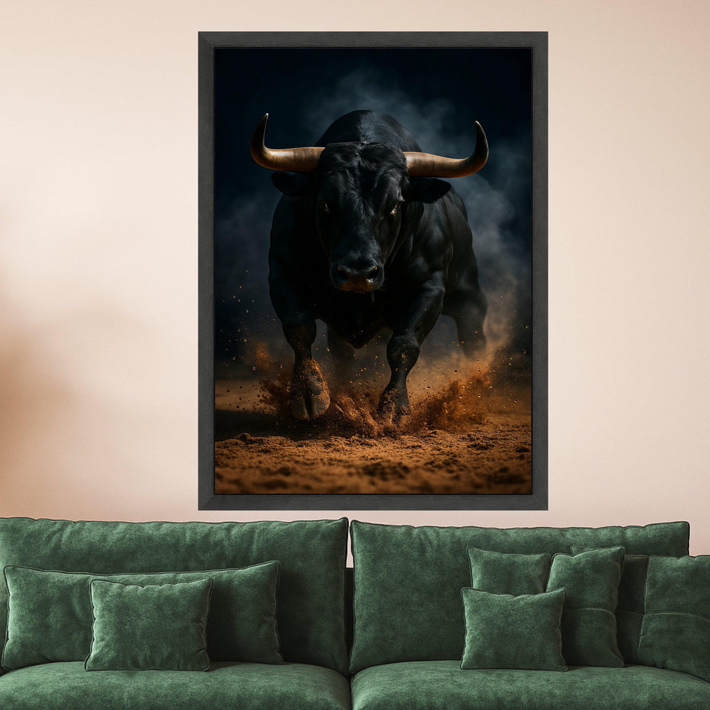Powerful Charging Bull Canvas Wall Art, Rustic Animal Print, Dramatic Dark Background, Energetic Farm Decor, Ready to Hang Ready To Hang,