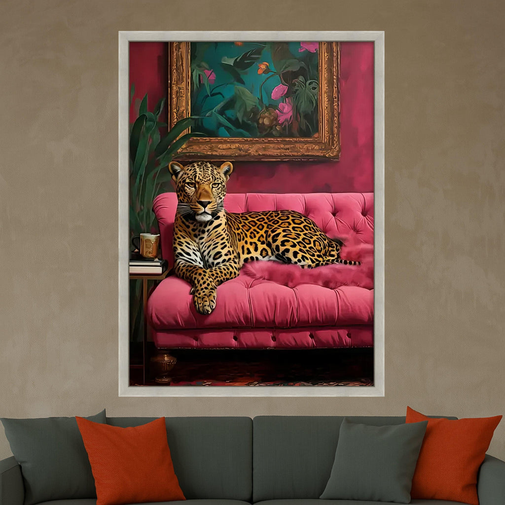 Leopard on Pink Sofa Canvas Print – Bold Jungle Wall Art – Elegant Animal Wall Decor – Ready to Hang Glam Canvas Decoration
