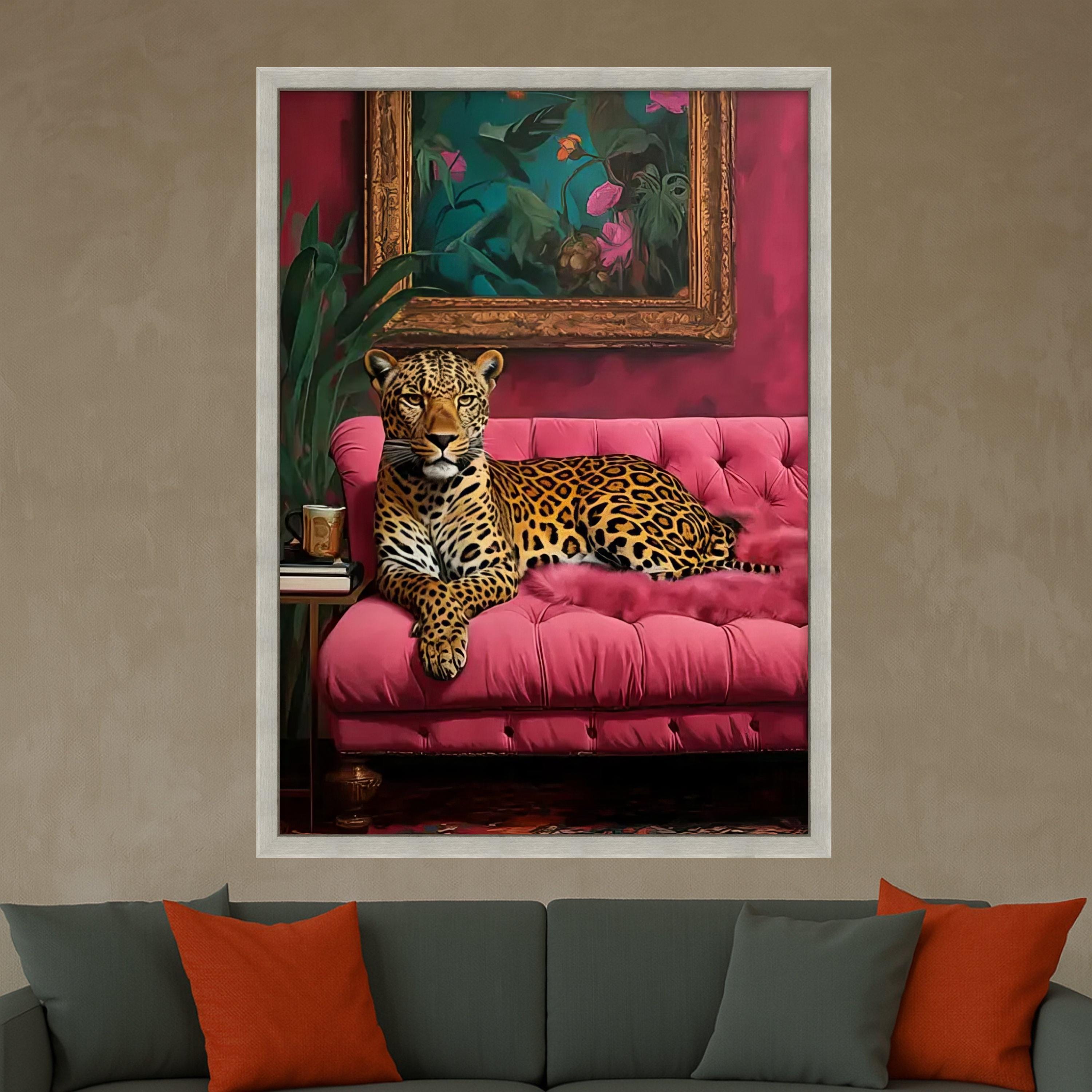 Leopard on Pink Sofa Canvas Print – Bold Jungle Wall Art – Elegant Animal Wall Decor – Ready to Hang Glam Canvas Decoration