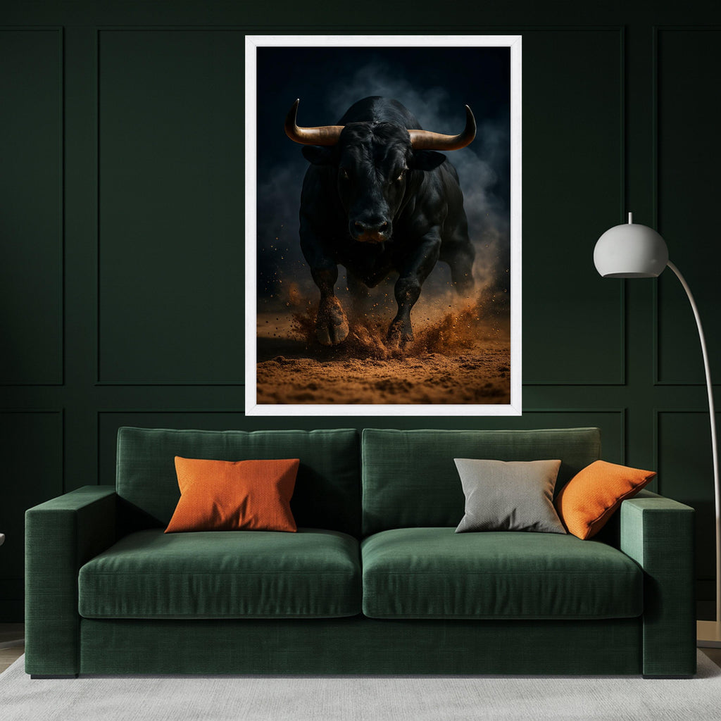 Powerful Charging Bull Canvas Wall Art, Rustic Animal Print, Dramatic Dark Background, Energetic Farm Decor, Ready to Hang Ready To Hang,
