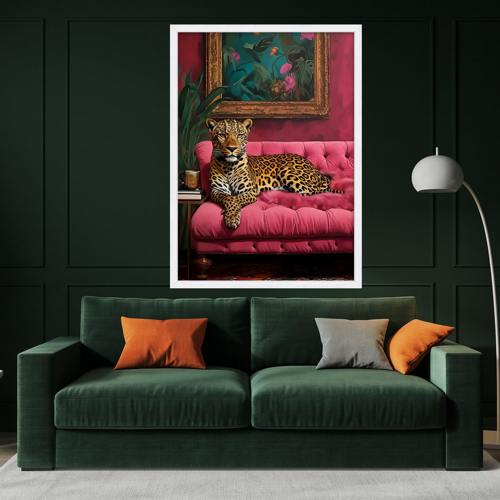 Leopard on Pink Sofa Canvas Print – Bold Jungle Wall Art – Elegant Animal Wall Decor – Ready to Hang Glam Canvas Decoration