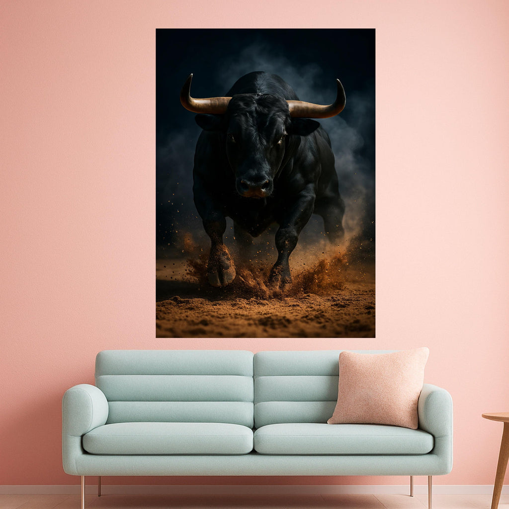 Powerful Charging Bull Canvas Wall Art, Rustic Animal Print, Dramatic Dark Background, Energetic Farm Decor, Ready to Hang Ready To Hang,
