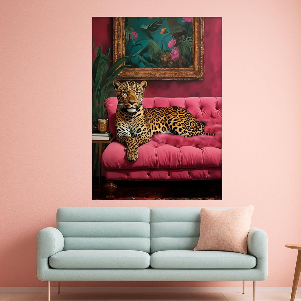 Leopard on Pink Sofa Canvas Print – Bold Jungle Wall Art – Elegant Animal Wall Decor – Ready to Hang Glam Canvas Decoration