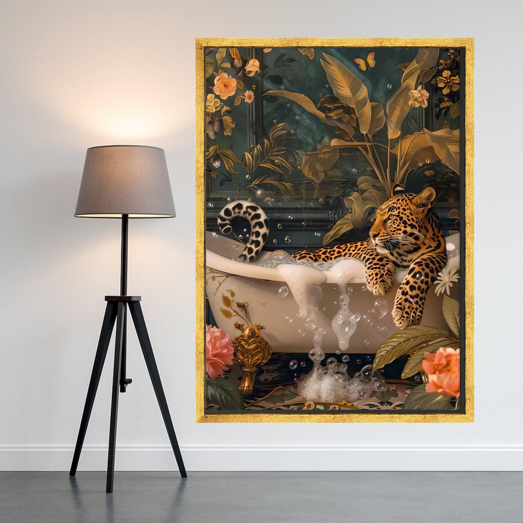Relaxed Leopard in Bathtub Canvas, Exotic Wildlife Wall Art, Tropical Botanical Decor, Nature and Animal Canvas, Unique Ready To Hang,