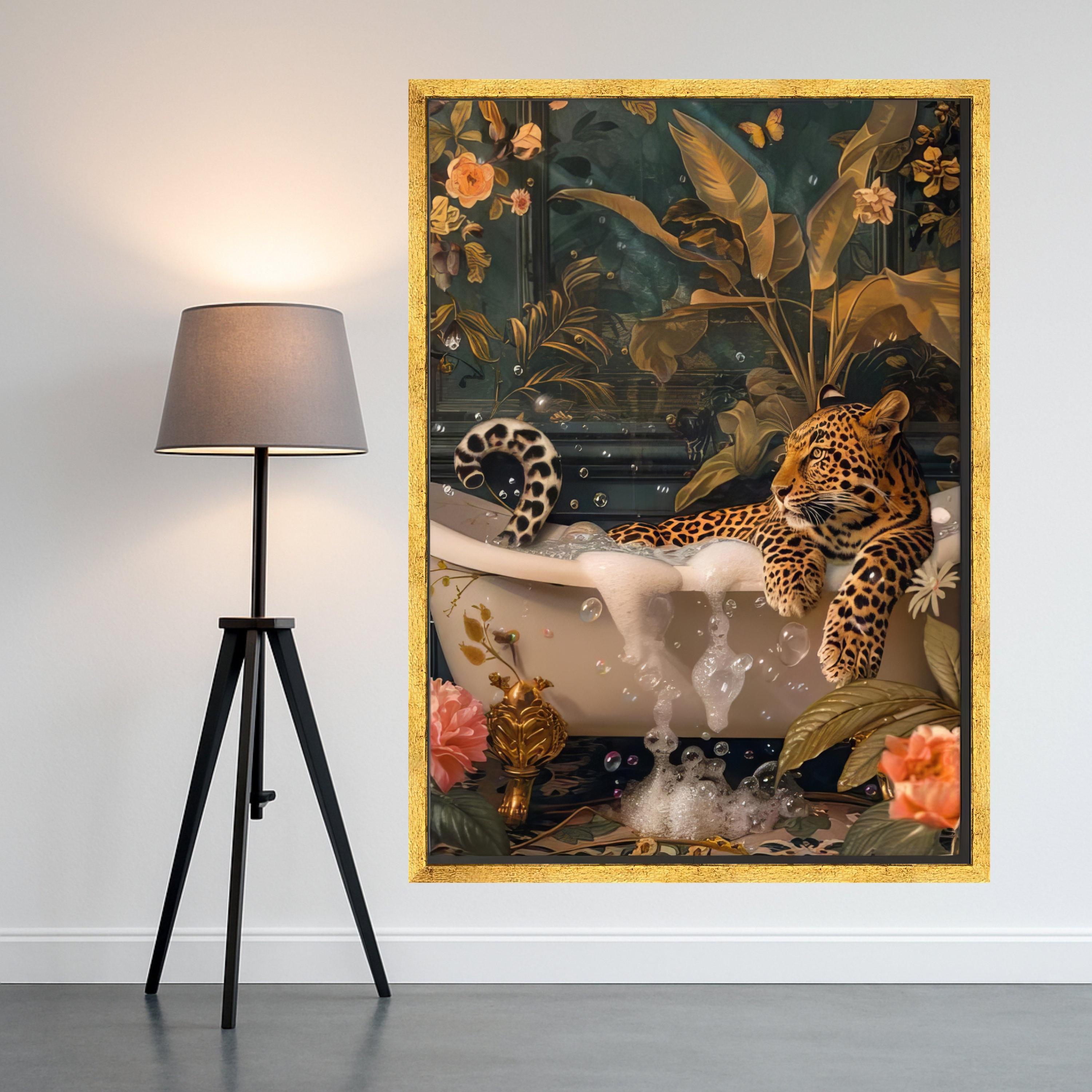 Relaxed Leopard in Bathtub Canvas, Exotic Wildlife Wall Art, Tropical Botanical Decor, Nature and Animal Canvas, Unique Ready To Hang,