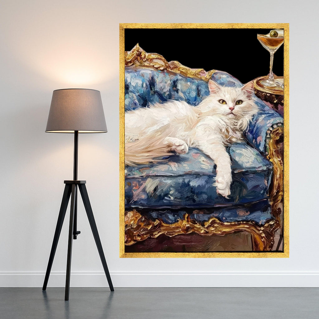 White Cat on Royal Couch Canvas Print – Luxury Pet Portrait Wall Decor – Funny Cat Wall Art – Ready to Hang Wall Decoration