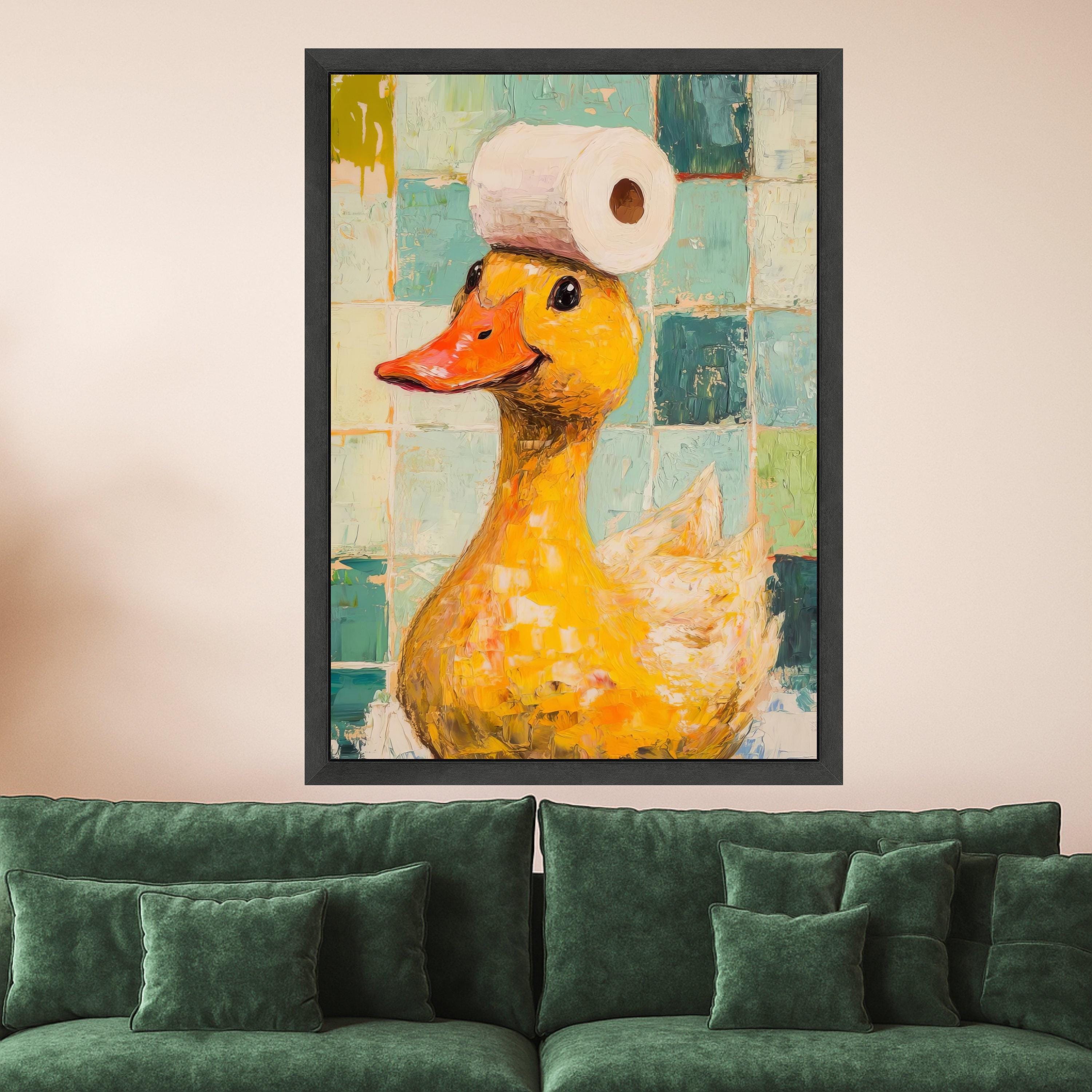 Playful Yellow Duck with Paper Roll Canvas, Whimsical Bathroom Wall Art, Fun Animal Decor, Quirky Home Decoration Canvas Ready To Hang,