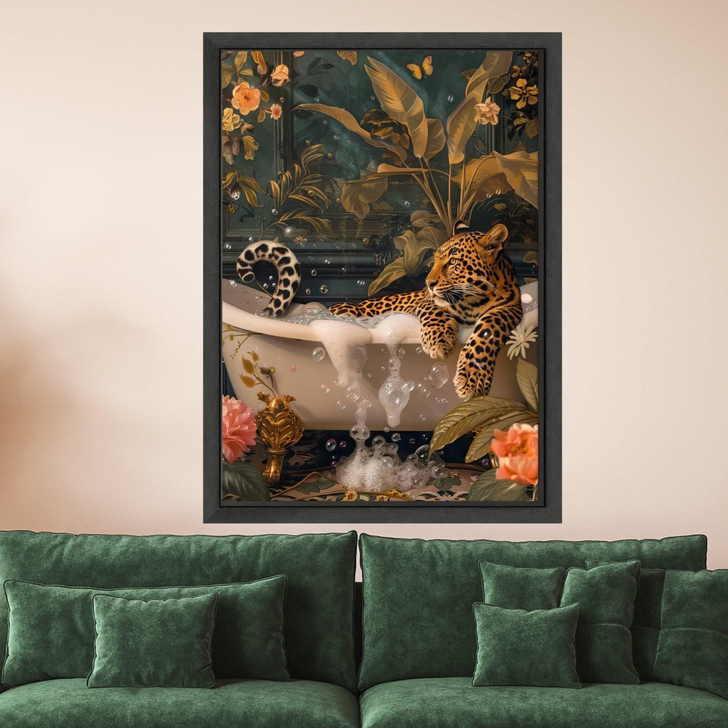 Relaxed Leopard in Bathtub Canvas, Exotic Wildlife Wall Art, Tropical Botanical Decor, Nature and Animal Canvas, Unique Ready To Hang,