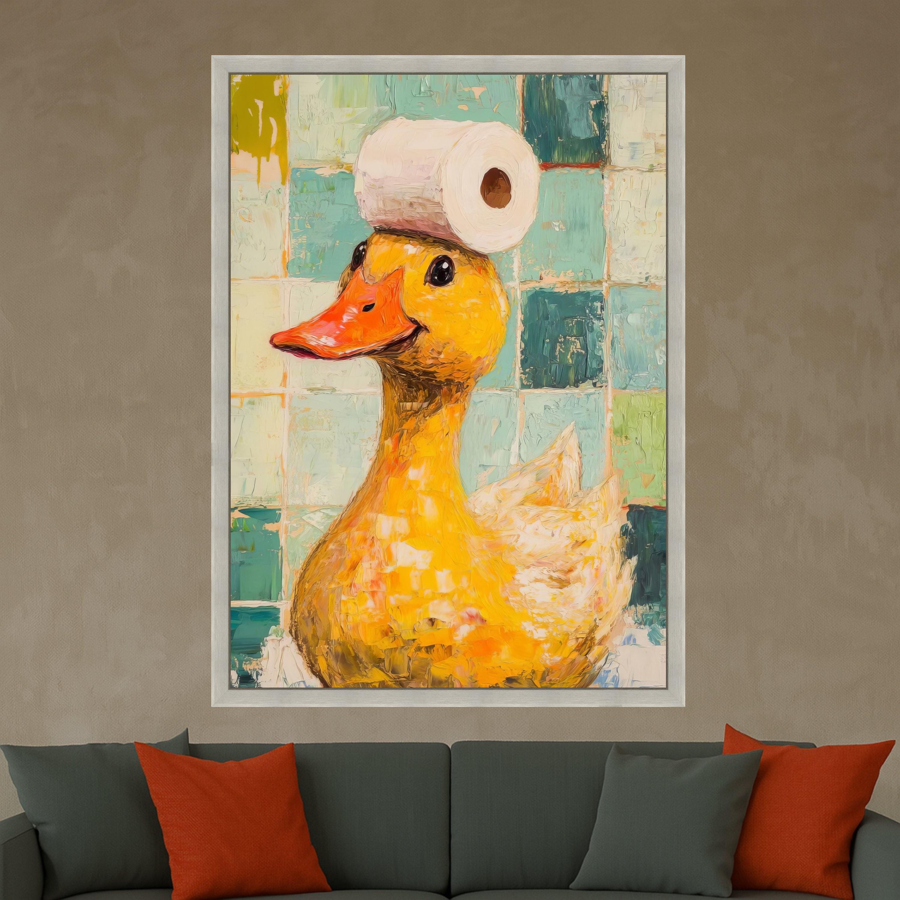 Playful Yellow Duck with Paper Roll Canvas, Whimsical Bathroom Wall Art, Fun Animal Decor, Quirky Home Decoration Canvas Ready To Hang,