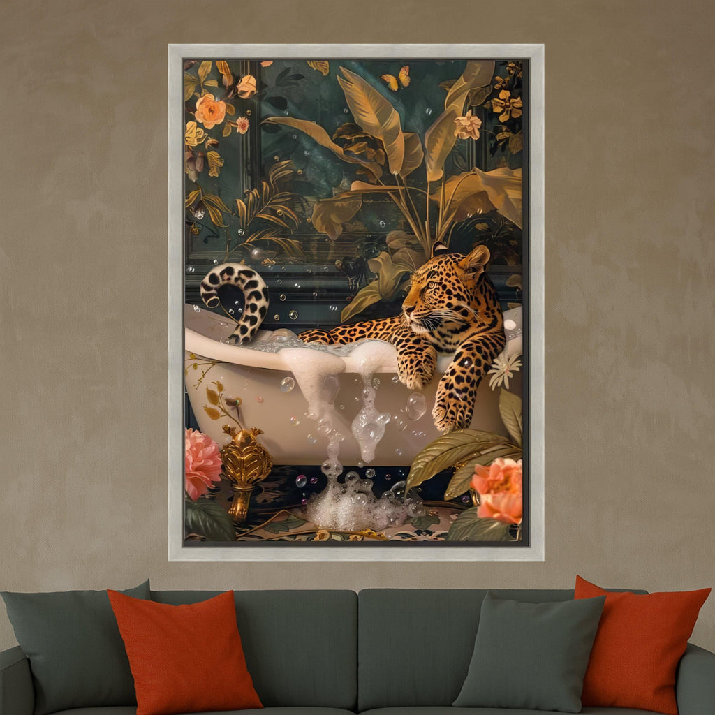Relaxed Leopard in Bathtub Canvas, Exotic Wildlife Wall Art, Tropical Botanical Decor, Nature and Animal Canvas, Unique Ready To Hang,
