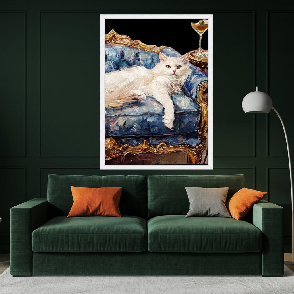 White Cat on Royal Couch Canvas Print – Luxury Pet Portrait Wall Decor – Funny Cat Wall Art – Ready to Hang Wall Decoration