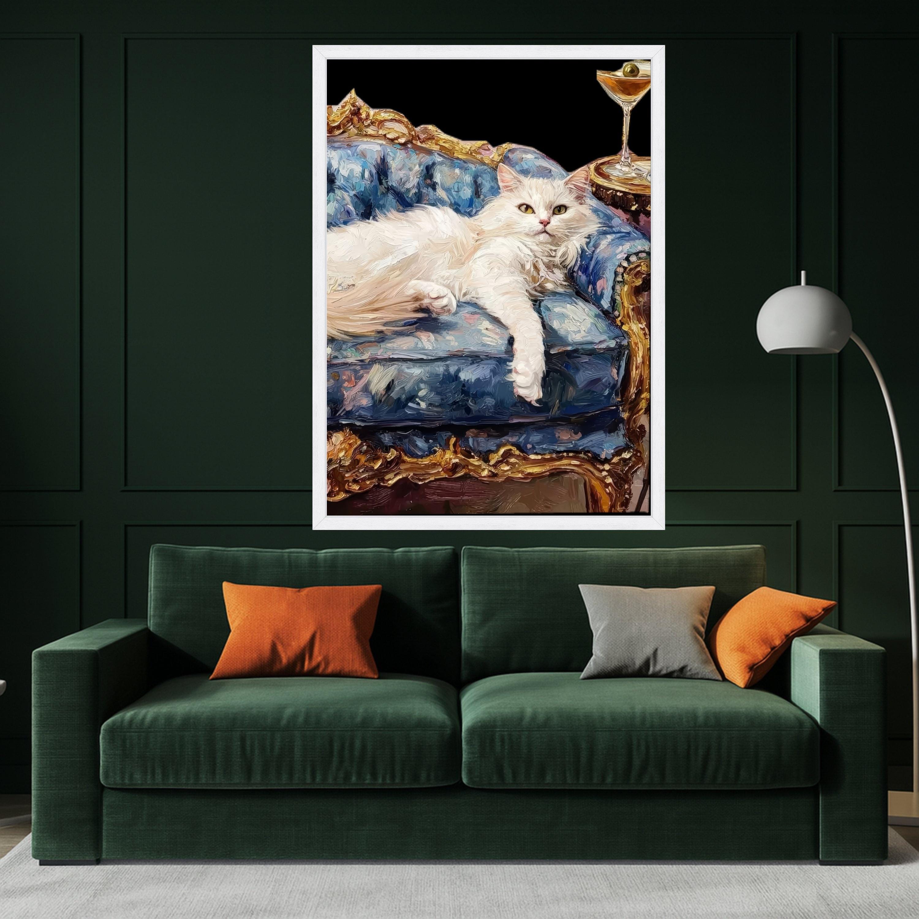 White Cat on Royal Couch Canvas Print – Luxury Pet Portrait Wall Decor – Funny Cat Wall Art – Ready to Hang Wall Decoration