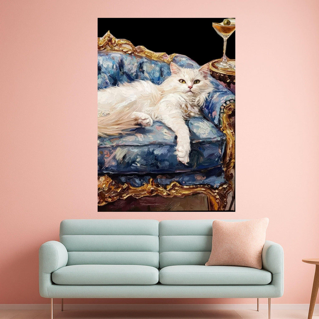 White Cat on Royal Couch Canvas Print – Luxury Pet Portrait Wall Decor – Funny Cat Wall Art – Ready to Hang Wall Decoration