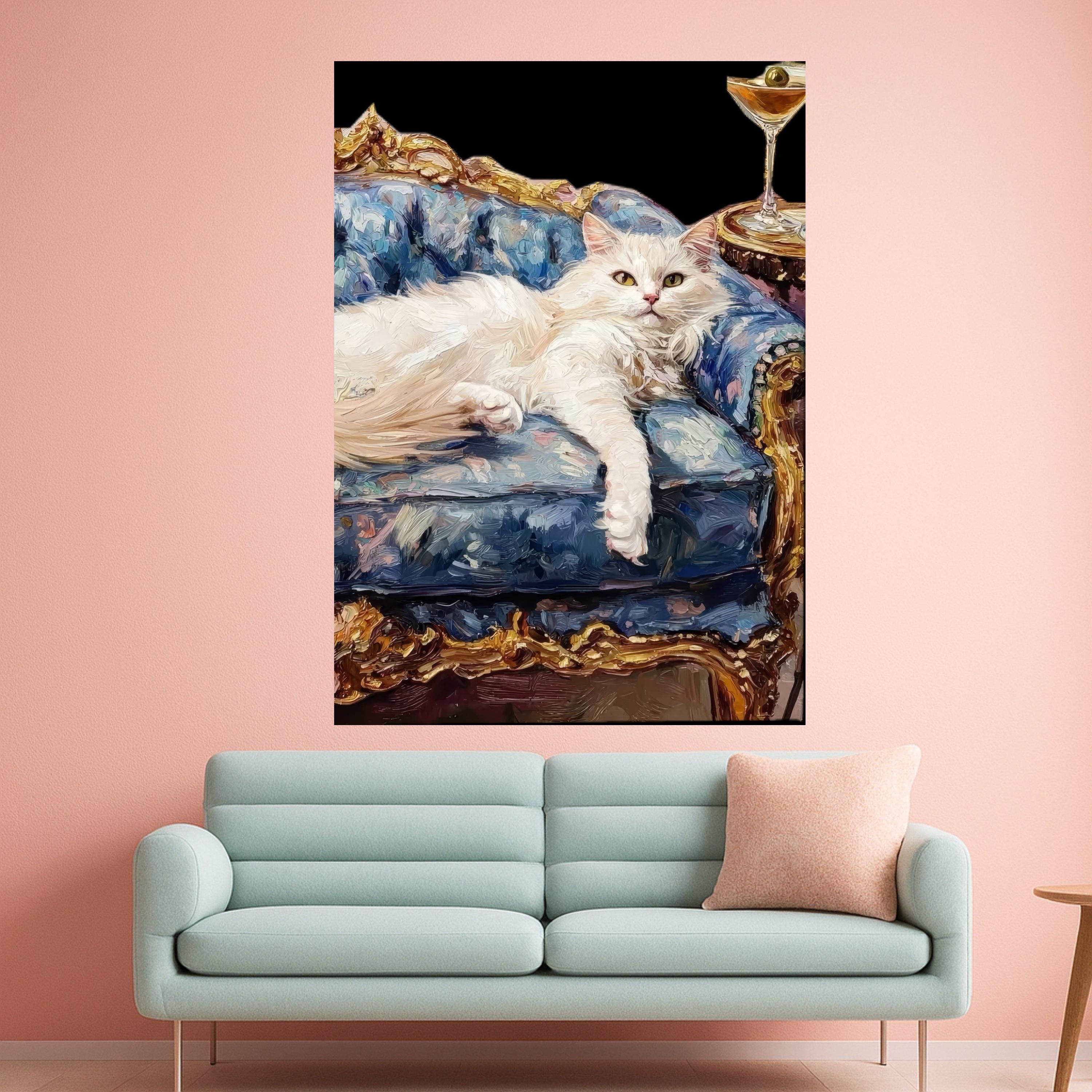 White Cat on Royal Couch Canvas Print – Luxury Pet Portrait Wall Decor – Funny Cat Wall Art – Ready to Hang Wall Decoration