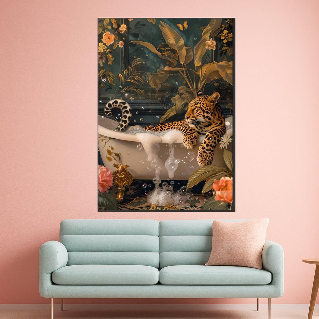 Relaxed Leopard in Bathtub Canvas, Exotic Wildlife Wall Art, Tropical Botanical Decor, Nature and Animal Canvas, Unique Ready To Hang,