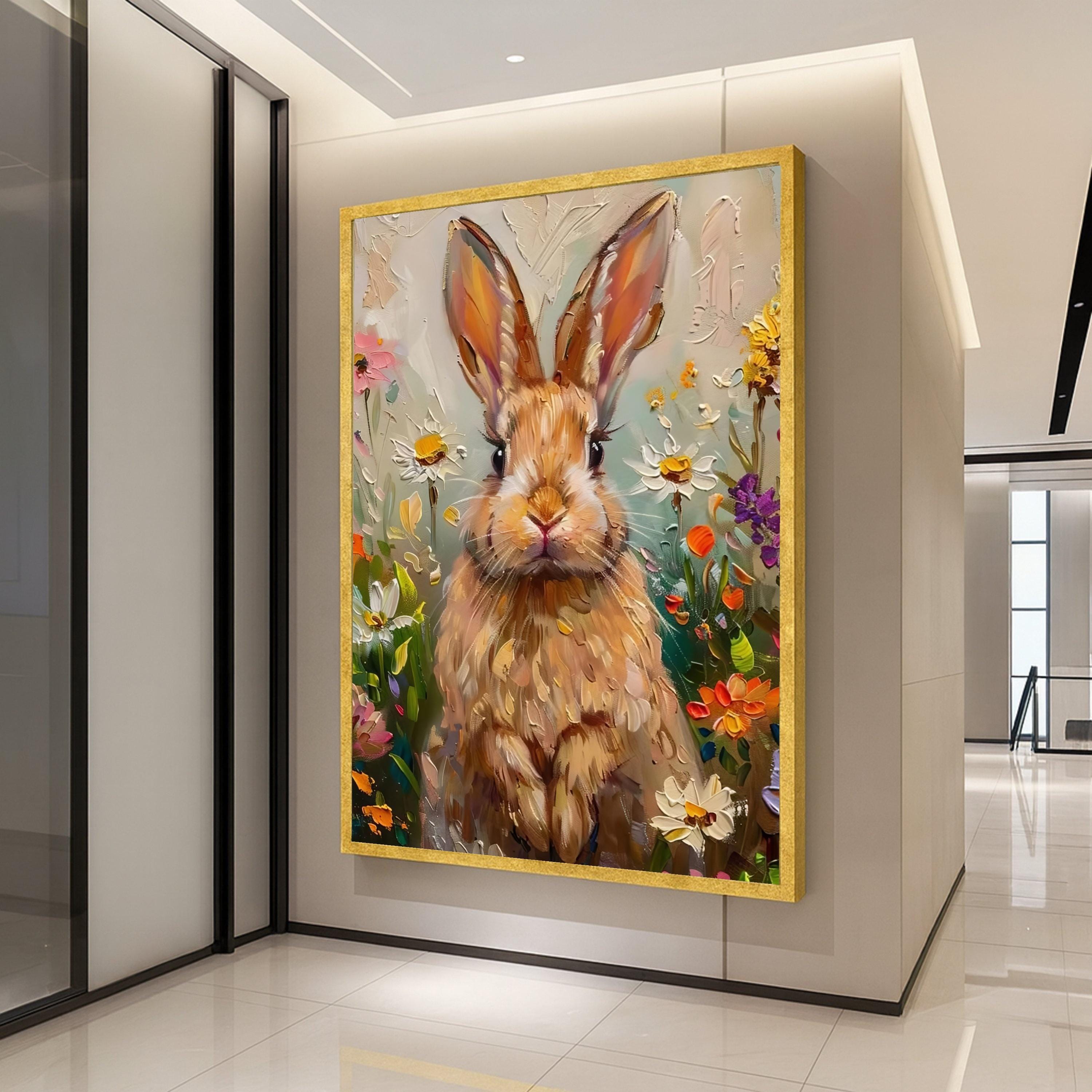 Whimsical Bunny Portrait Canvas, Floral Spring Garden Wall Art, Animal Painting Canvas, Cute Rabbit Home Decor, Impasto Style Ready To Hang,