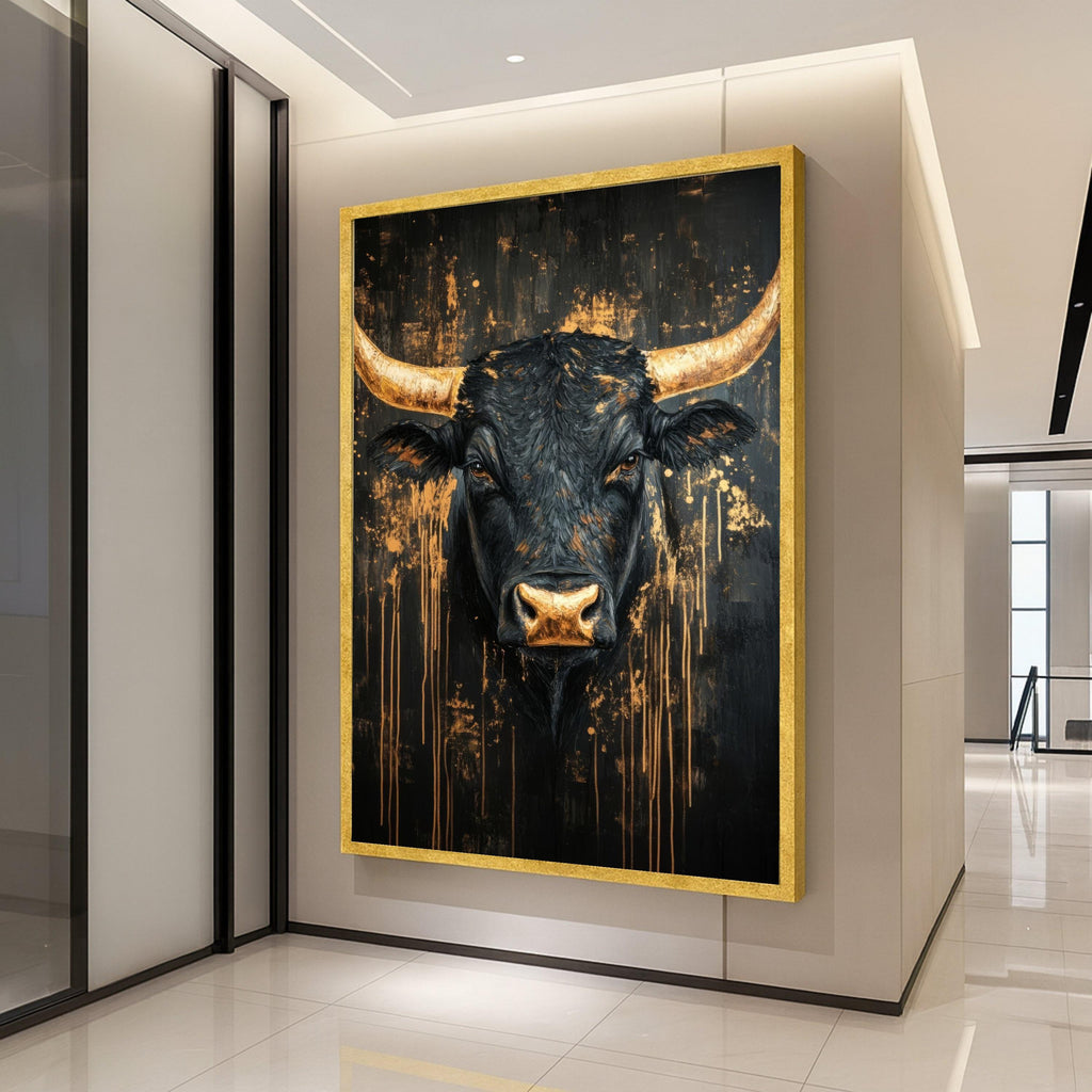 Majestic Black Bull Canvas Wall Art, Modern Rustic Farm Animal Painting, Gold Accents Abstract, Wildlife Decor, Ready to Hang Ready To Hang,