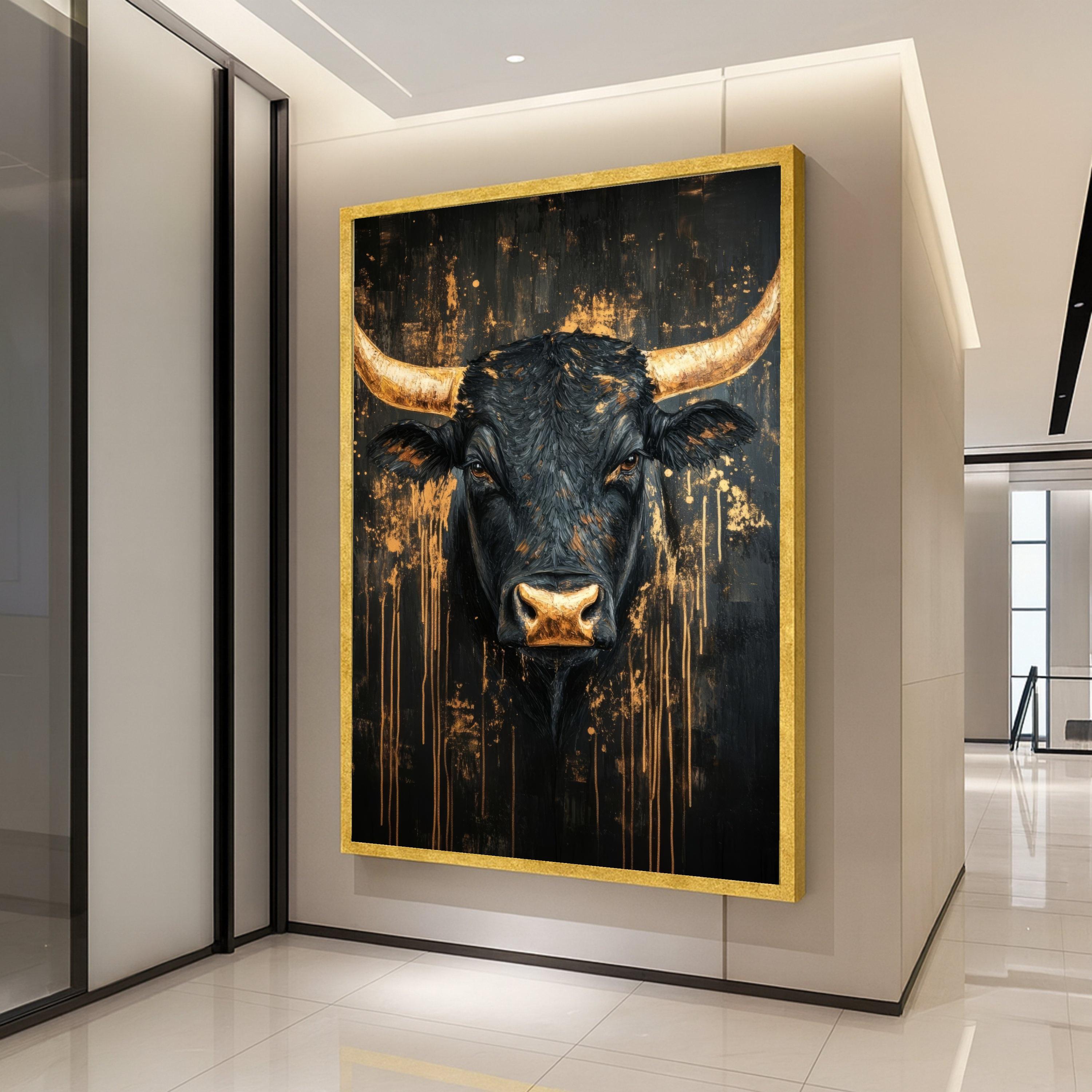 Majestic Black Bull Canvas Wall Art, Modern Rustic Farm Animal Painting, Gold Accents Abstract, Wildlife Decor, Ready to Hang Ready To Hang,