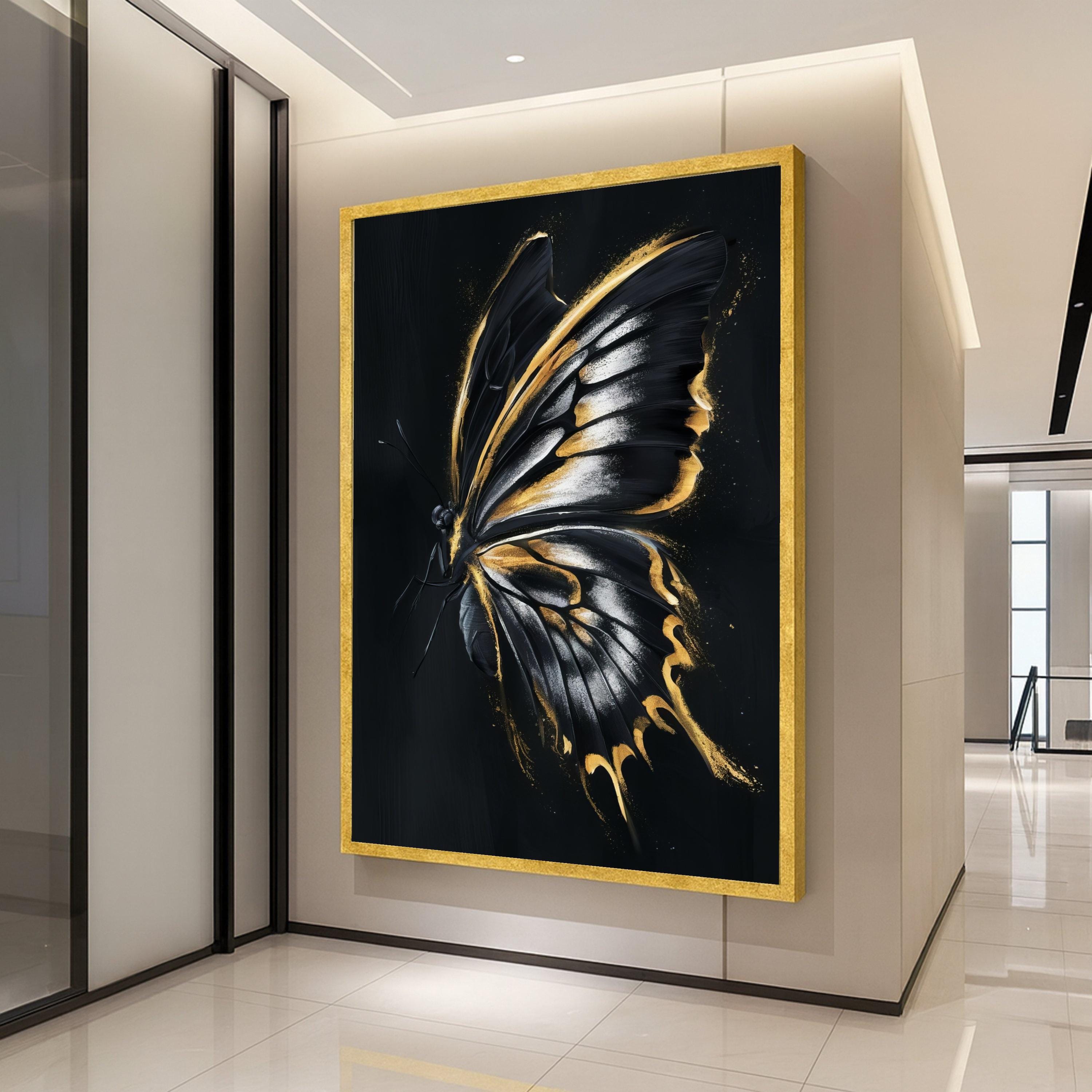 Elegant Black and Gold Butterfly Canvas Wall Art, Modern Insect Decor, Glamorous Metallic Accent Painting, Nature Inspired Ready To Hang,