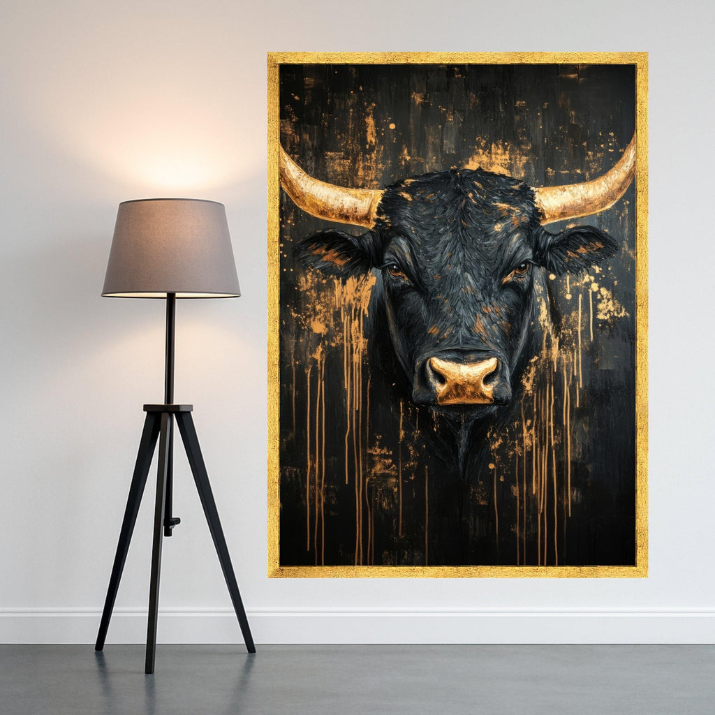 Majestic Black Bull Canvas Wall Art, Modern Rustic Farm Animal Painting, Gold Accents Abstract, Wildlife Decor, Ready to Hang Ready To Hang,