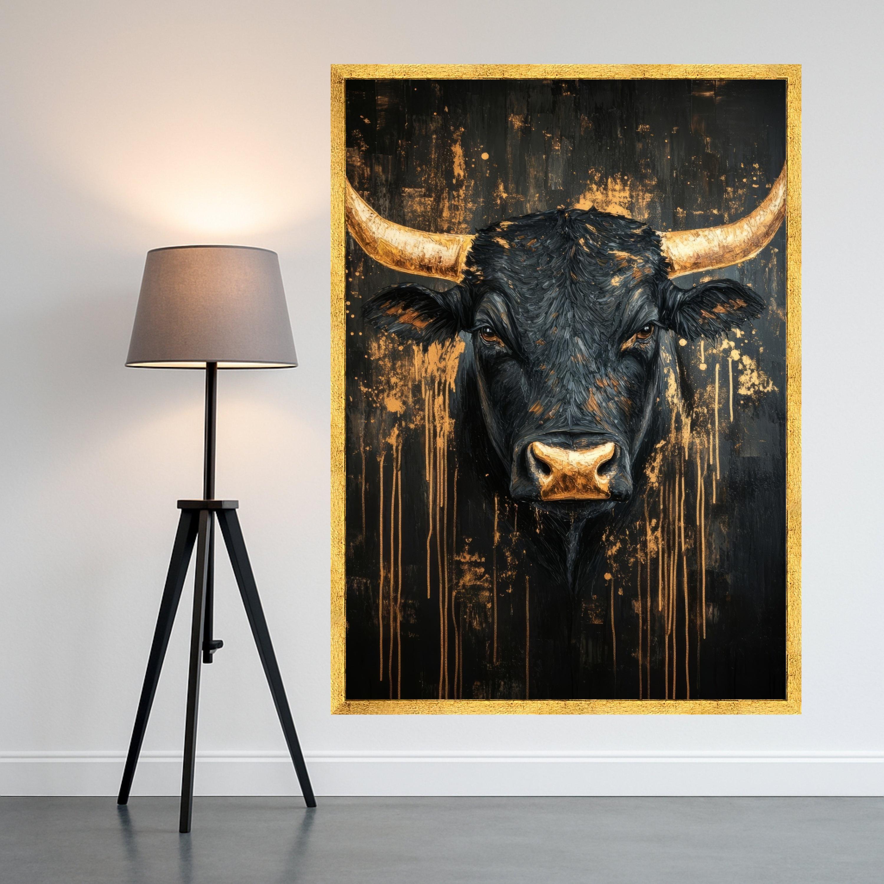Majestic Black Bull Canvas Wall Art, Modern Rustic Farm Animal Painting, Gold Accents Abstract, Wildlife Decor, Ready to Hang Ready To Hang,