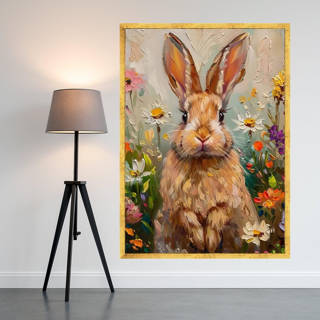 Whimsical Bunny Portrait Canvas, Floral Spring Garden Wall Art, Animal Painting Canvas, Cute Rabbit Home Decor, Impasto Style Ready To Hang,