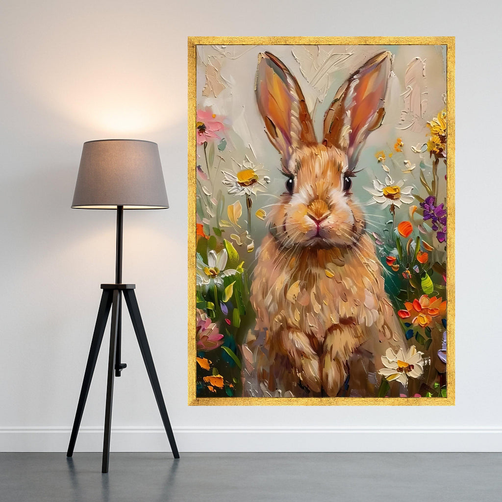 Whimsical Bunny Portrait Canvas, Floral Spring Garden Wall Art, Animal Painting Canvas, Cute Rabbit Home Decor, Impasto Style Ready To Hang,