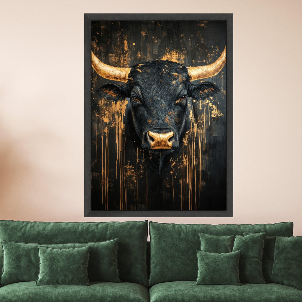Majestic Black Bull Canvas Wall Art, Modern Rustic Farm Animal Painting, Gold Accents Abstract, Wildlife Decor, Ready to Hang Ready To Hang,