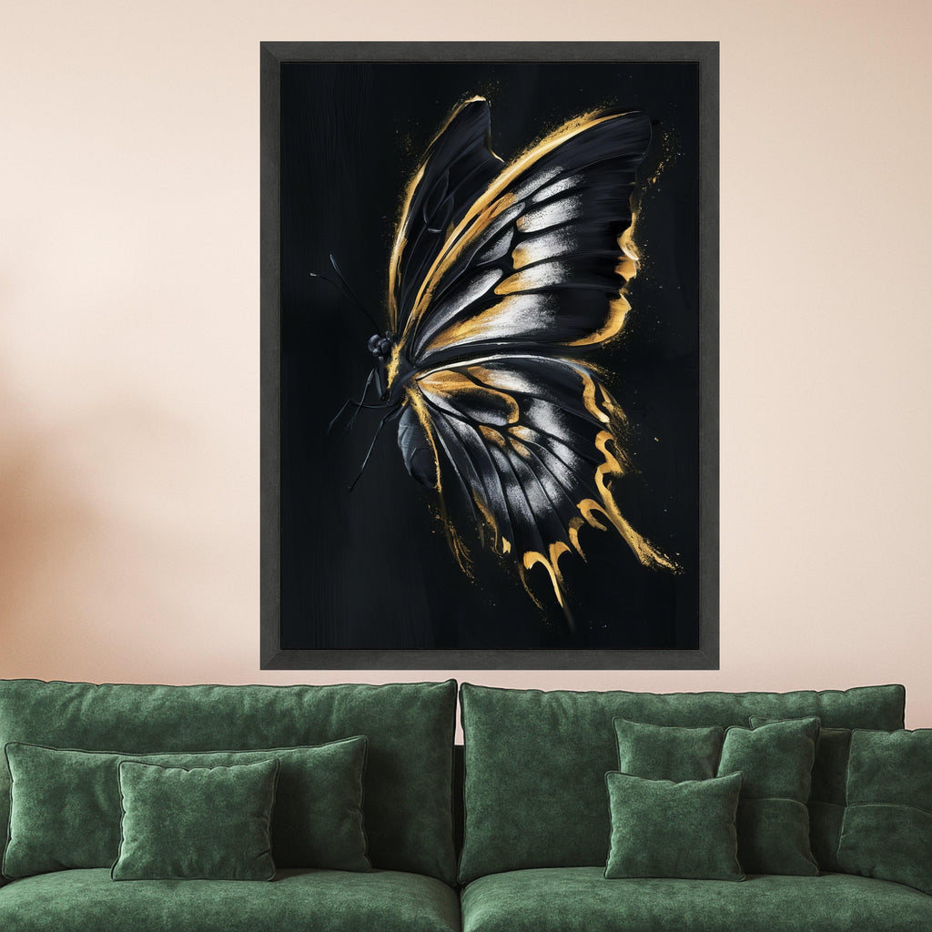 Elegant Black and Gold Butterfly Canvas Wall Art, Modern Insect Decor, Glamorous Metallic Accent Painting, Nature Inspired Ready To Hang,