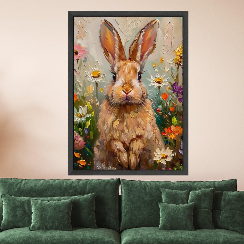 Whimsical Bunny Portrait Canvas, Floral Spring Garden Wall Art, Animal Painting Canvas, Cute Rabbit Home Decor, Impasto Style Ready To Hang,