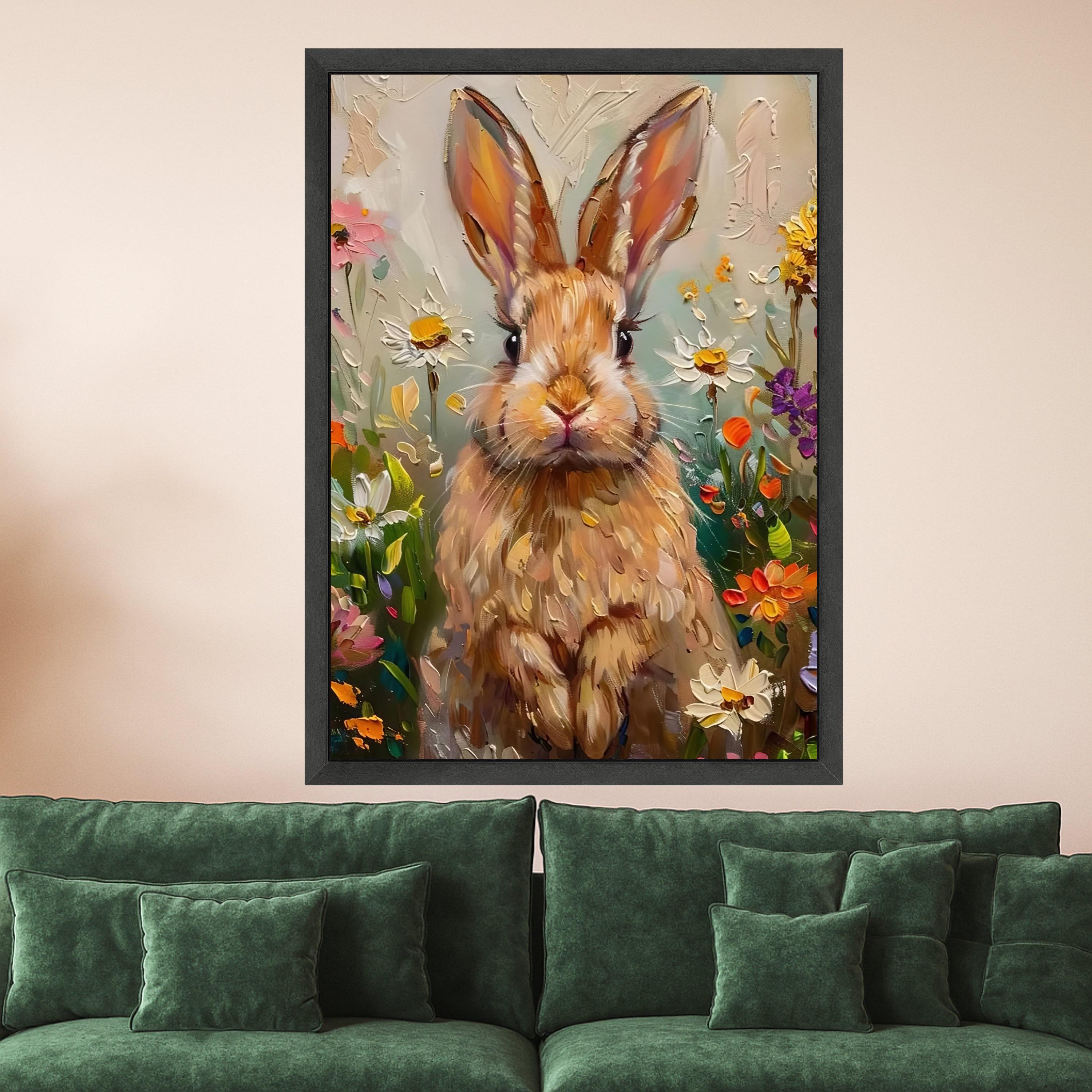 Whimsical Bunny Portrait Canvas, Floral Spring Garden Wall Art, Animal Painting Canvas, Cute Rabbit Home Decor, Impasto Style Ready To Hang,