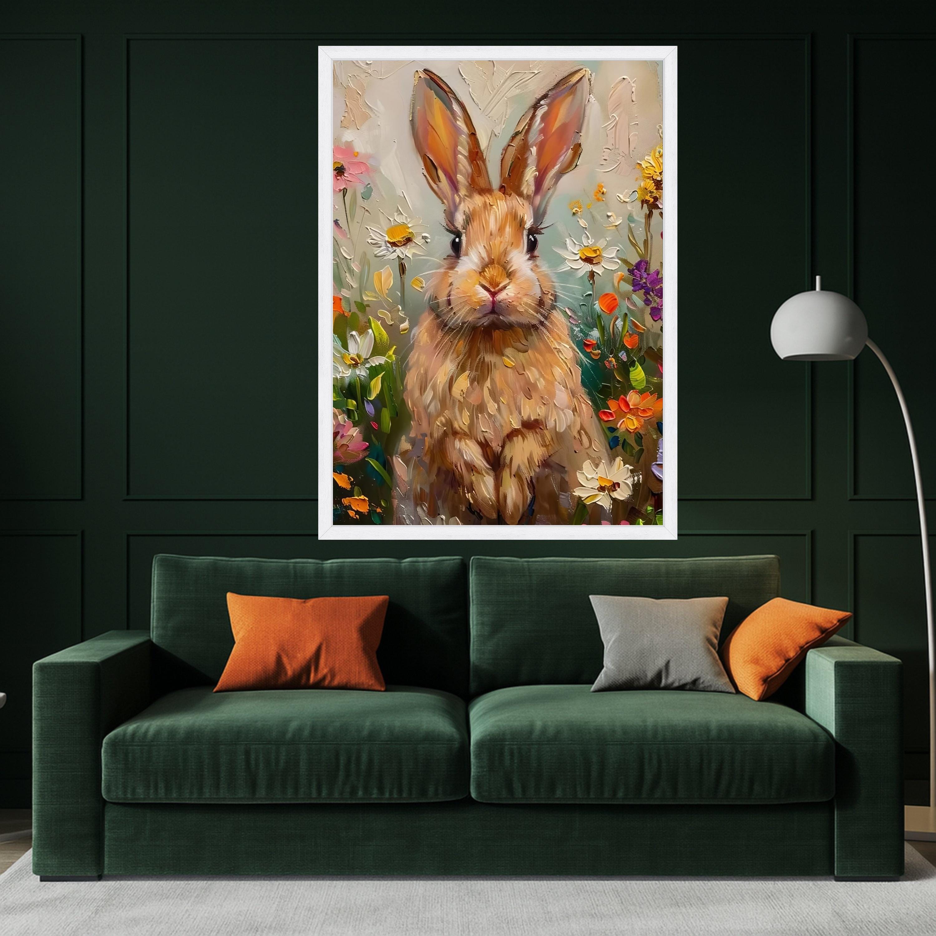 Whimsical Bunny Portrait Canvas, Floral Spring Garden Wall Art, Animal Painting Canvas, Cute Rabbit Home Decor, Impasto Style Ready To Hang,