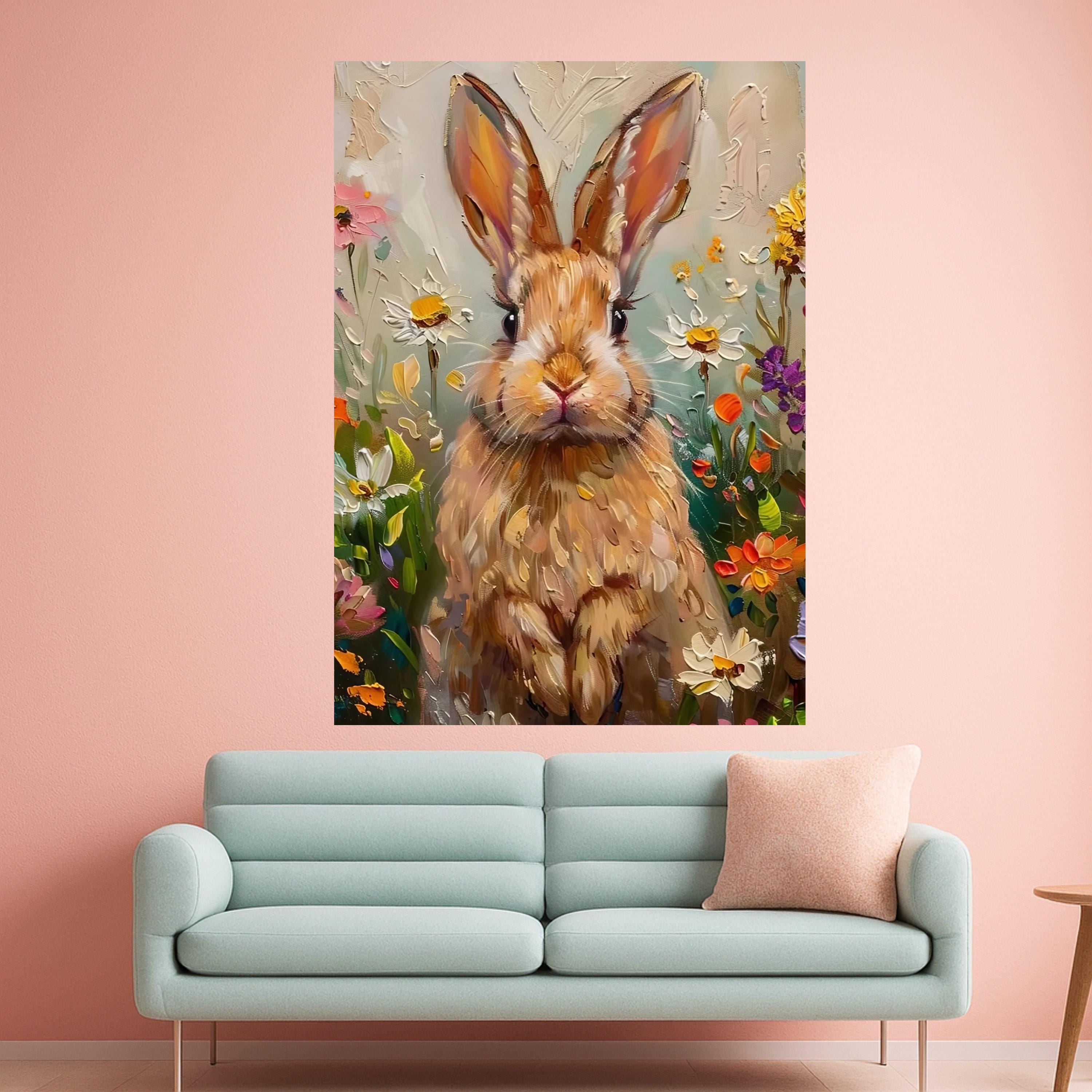 Whimsical Bunny Portrait Canvas, Floral Spring Garden Wall Art, Animal Painting Canvas, Cute Rabbit Home Decor, Impasto Style Ready To Hang,