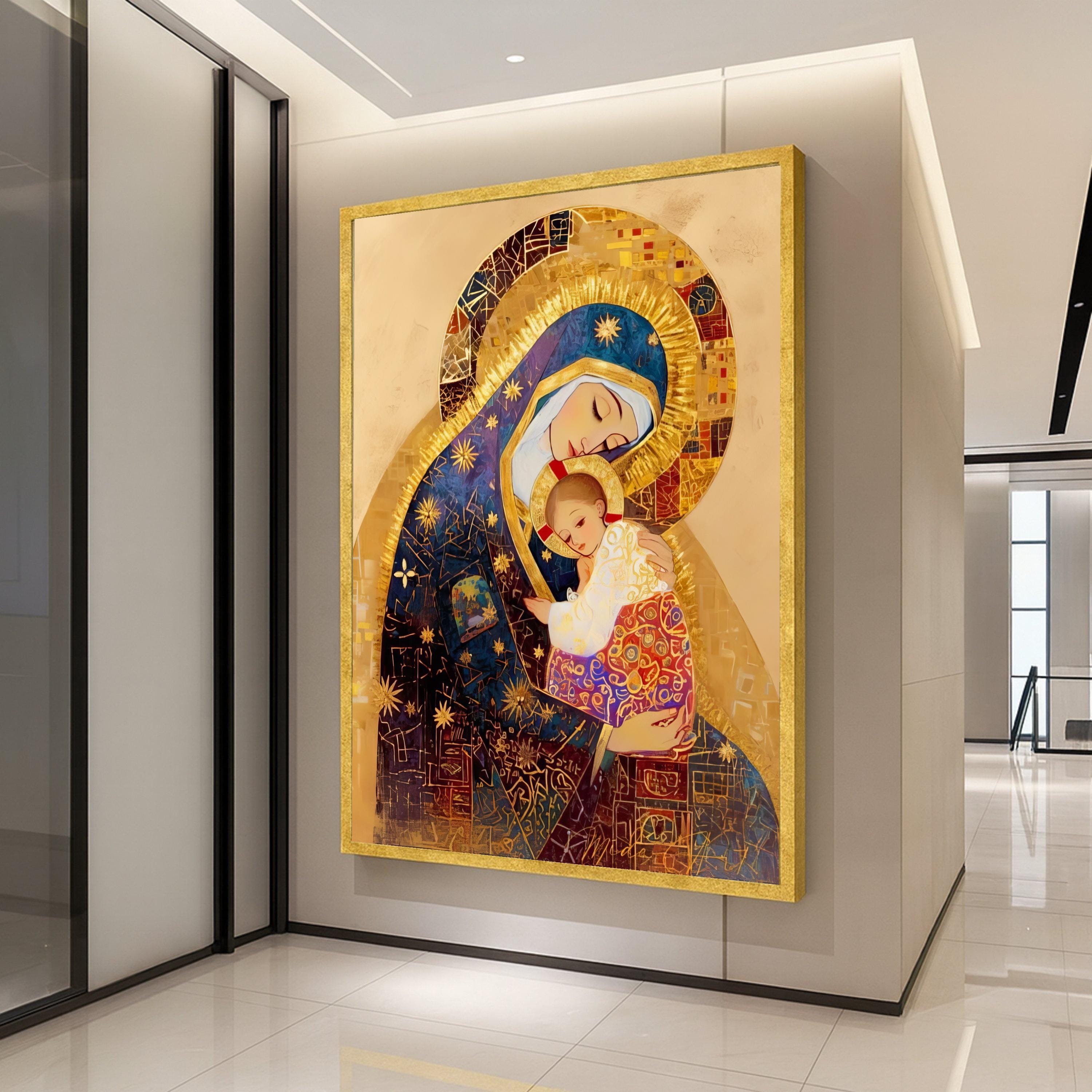 Sacred Madonna and Child Canvas Wall Art, Religious Icon Painting, Spiritual Christian Decor, Gold Embellished Artwork, Ready To Hang,