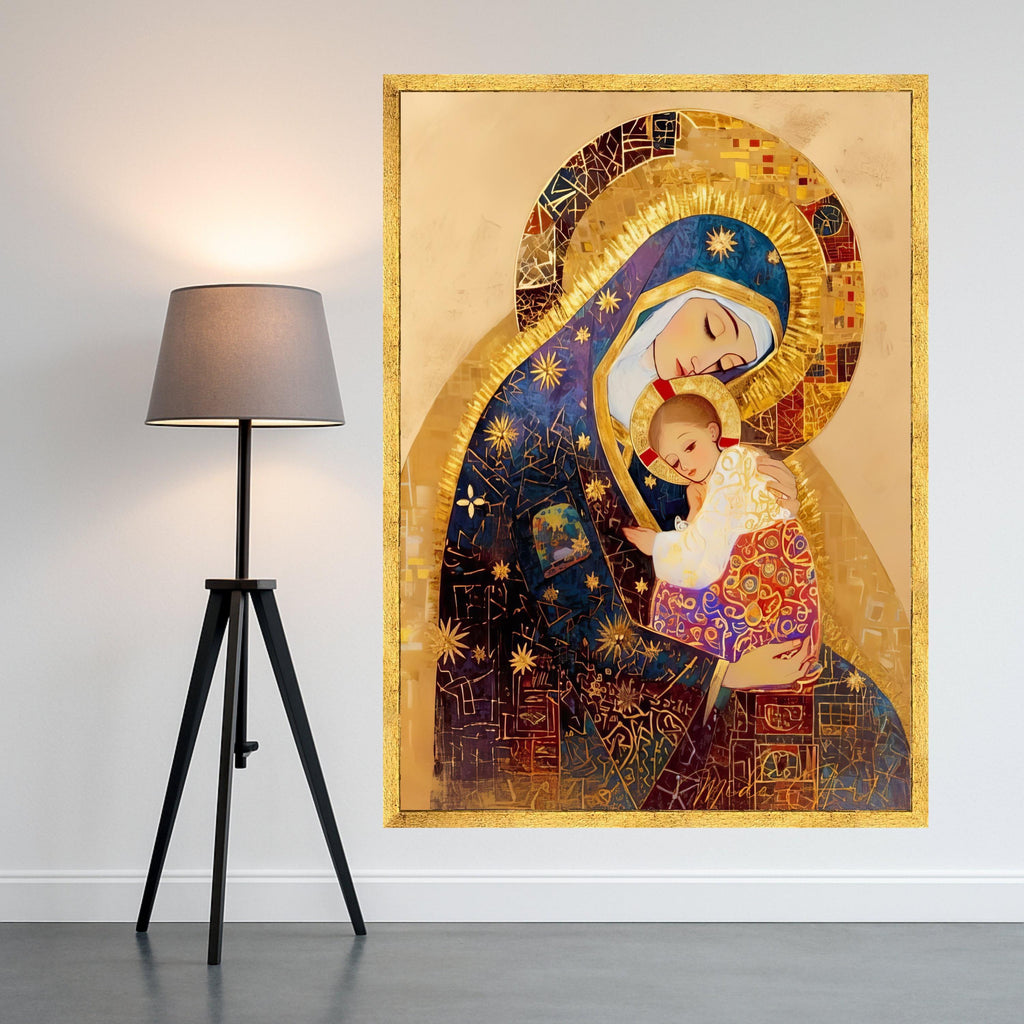 Sacred Madonna and Child Canvas Wall Art, Religious Icon Painting, Spiritual Christian Decor, Gold Embellished Artwork, Ready To Hang,