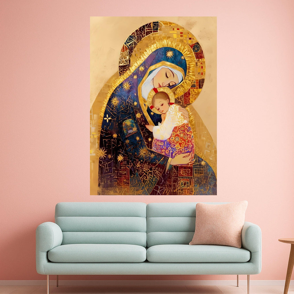 Sacred Madonna and Child Canvas Wall Art, Religious Icon Painting, Spiritual Christian Decor, Gold Embellished Artwork, Ready To Hang,