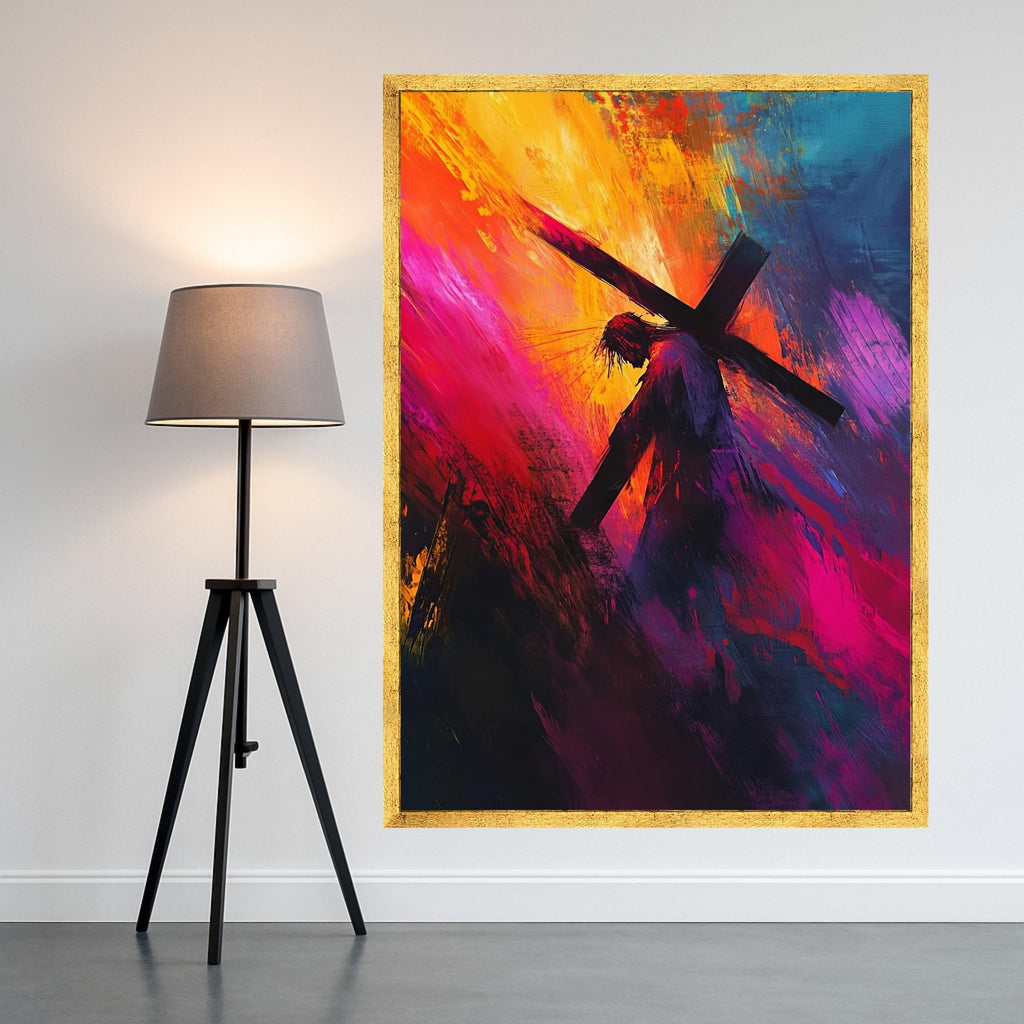 Jesus Carrying Cross Canvas, Abstract Christian Wall Art, Religious Canvas Painting, Spiritual Home Decor, Cross and Crown of Ready To Hang,