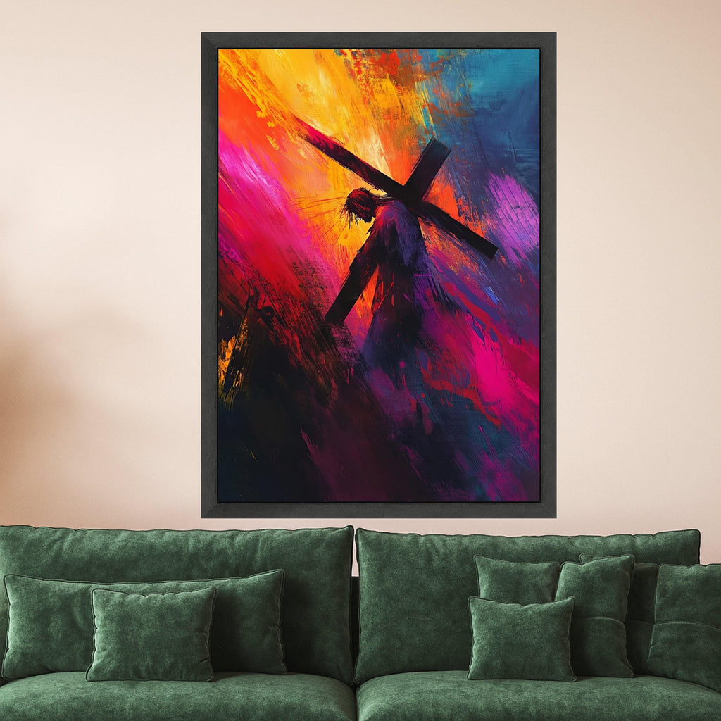 Jesus Carrying Cross Canvas, Abstract Christian Wall Art, Religious Canvas Painting, Spiritual Home Decor, Cross and Crown of Ready To Hang,