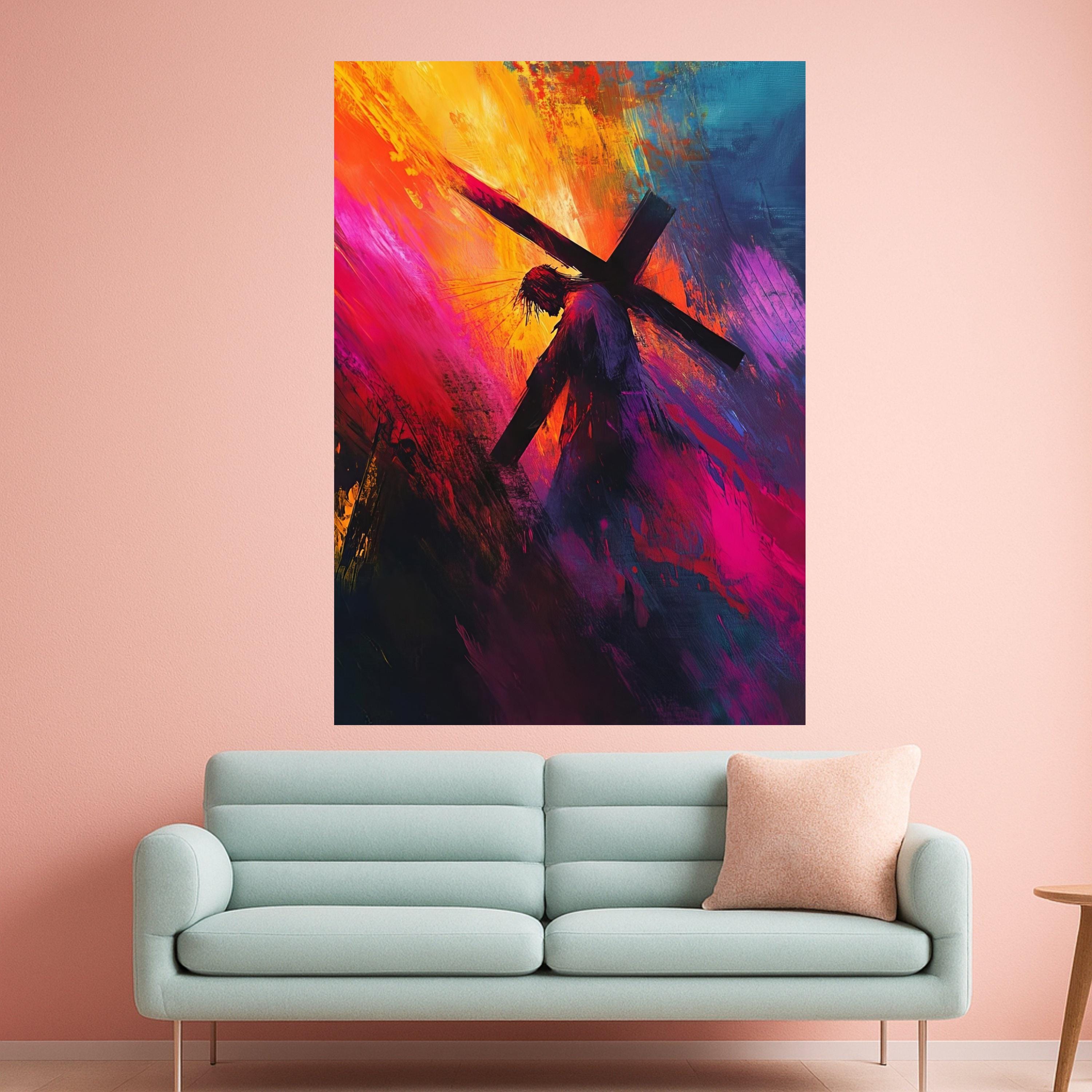 Jesus Carrying Cross Canvas, Abstract Christian Wall Art, Religious Canvas Painting, Spiritual Home Decor, Cross and Crown of Ready To Hang,