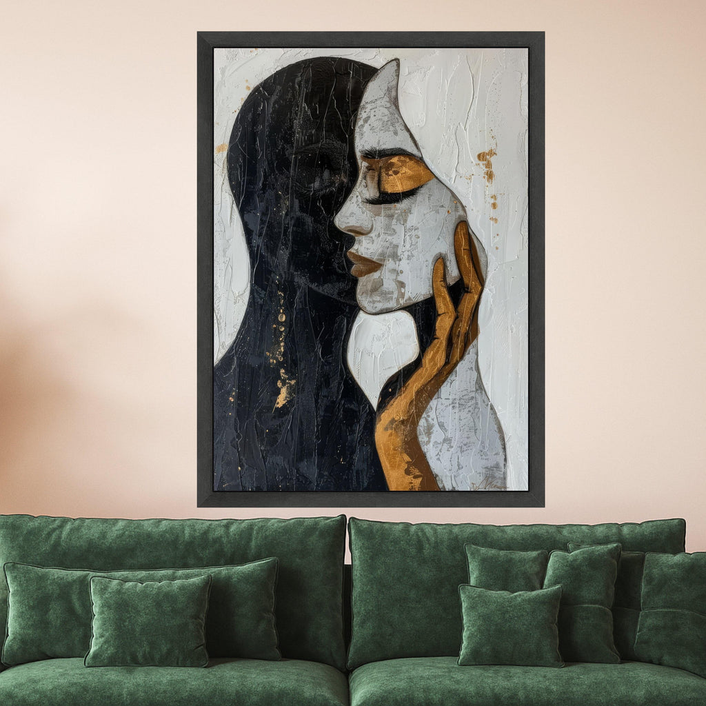 Abstract Dual Face Canvas, Modern Art Wall Decor, Gold and Black Portrait, Contemporary Canvas Painting, Home Decoration Ready To Hang,