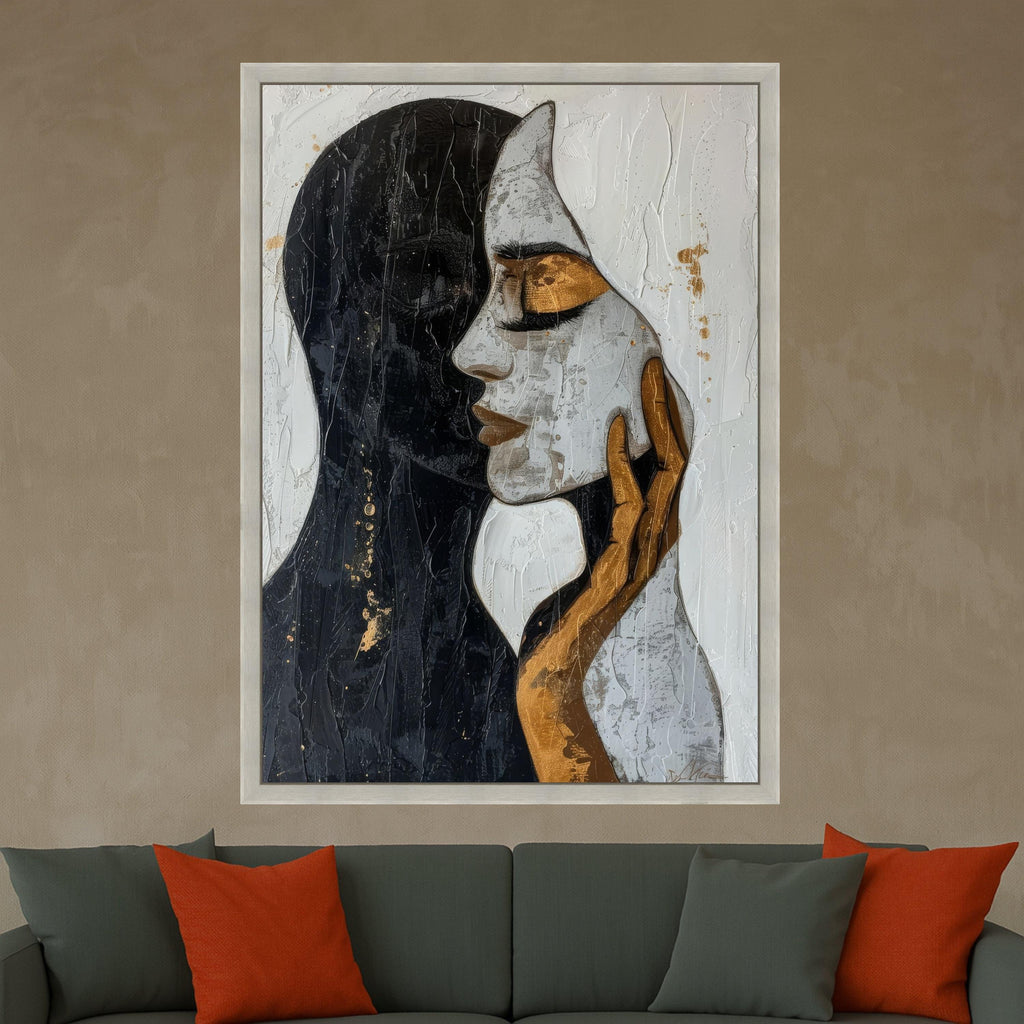 Abstract Dual Face Canvas, Modern Art Wall Decor, Gold and Black Portrait, Contemporary Canvas Painting, Home Decoration Ready To Hang,