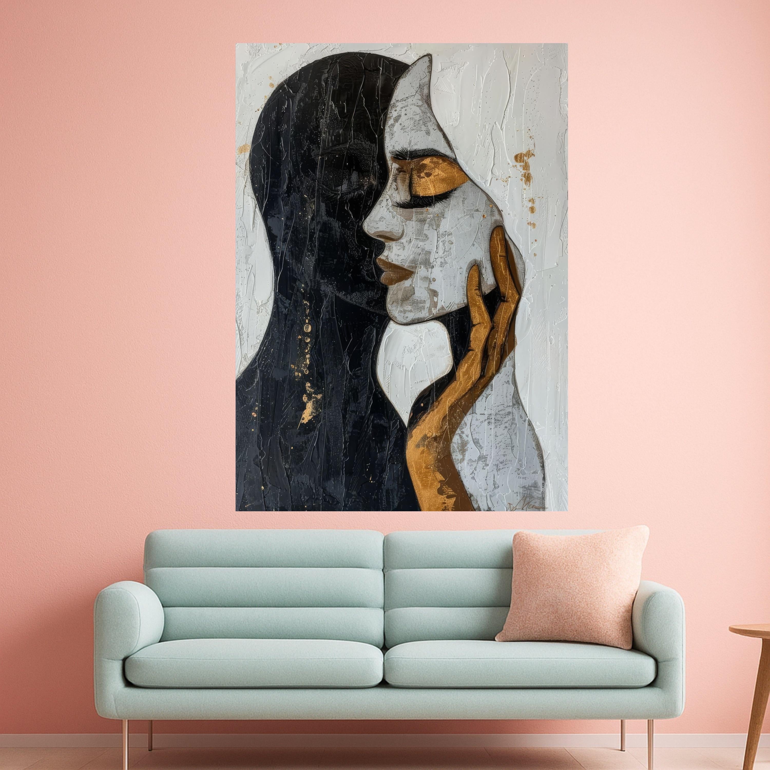 Abstract Dual Face Canvas, Modern Art Wall Decor, Gold and Black Portrait, Contemporary Canvas Painting, Home Decoration Ready To Hang,