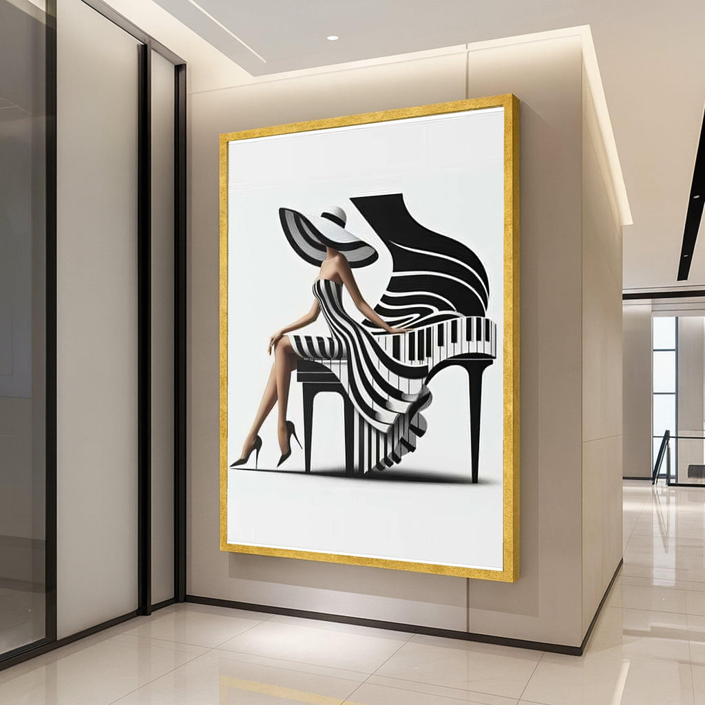 Elegant Woman in Striped Dress and Wide Hat, Piano Art Canvas, Black and White Wall Decor, Modern Fashion Canvas Wall Art, Ready To Hang,