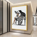 Elegant Woman in Striped Dress and Wide Hat, Piano Art Canvas, Black and White Wall Decor, Modern Fashion Canvas Wall Art, Ready To Hang,