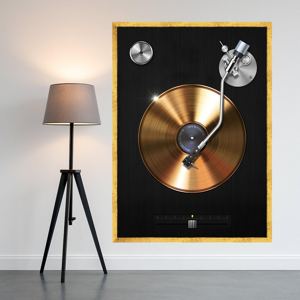 Golden Vinyl Record Player Canvas Wall Art, Retro Music Decor, DJ Turntable Illustration, Modern Home Wall Decoration, Music Ready To Hang,