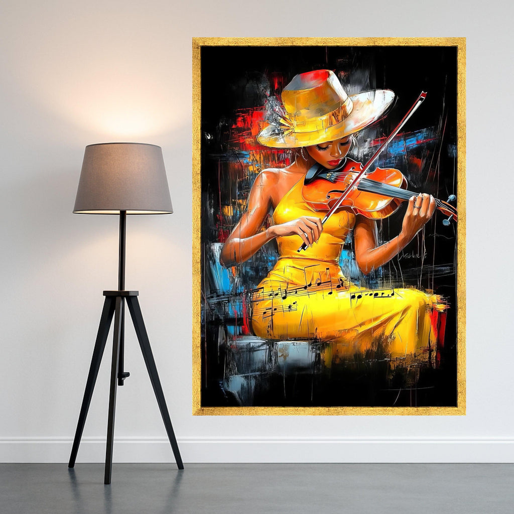 Elegant Violin Player, Yellow Dress Canvas, Musical Art Painting, Abstract Musician Wall Decor, Contemporary Canvas Wall Art Ready To Hang,