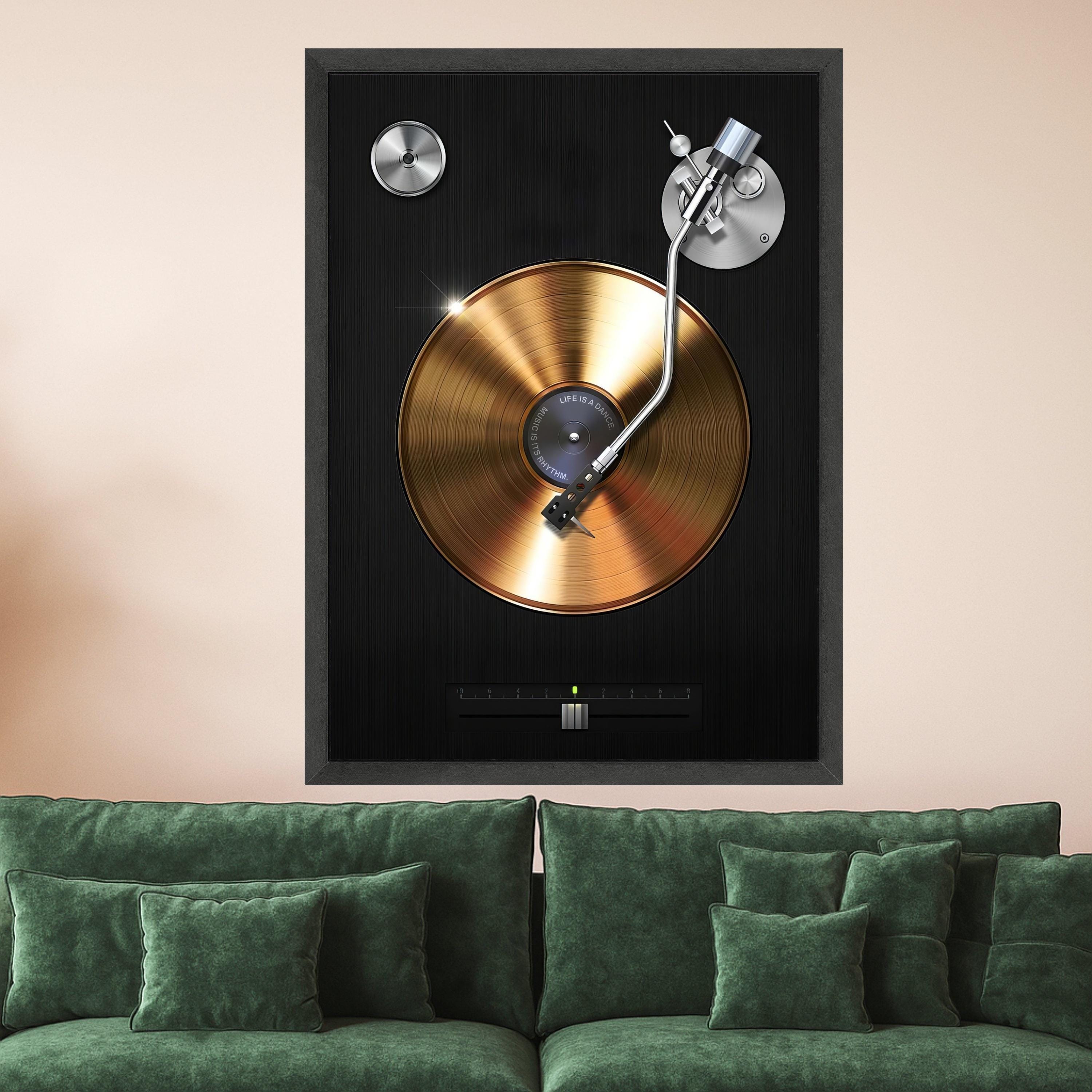Golden Vinyl Record Player Canvas Wall Art, Retro Music Decor, DJ Turntable Illustration, Modern Home Wall Decoration, Music Ready To Hang,