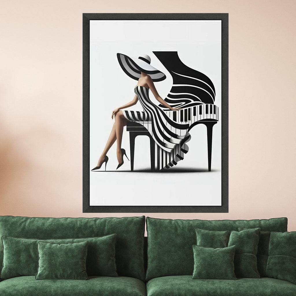 Elegant Woman in Striped Dress and Wide Hat, Piano Art Canvas, Black and White Wall Decor, Modern Fashion Canvas Wall Art, Ready To Hang,